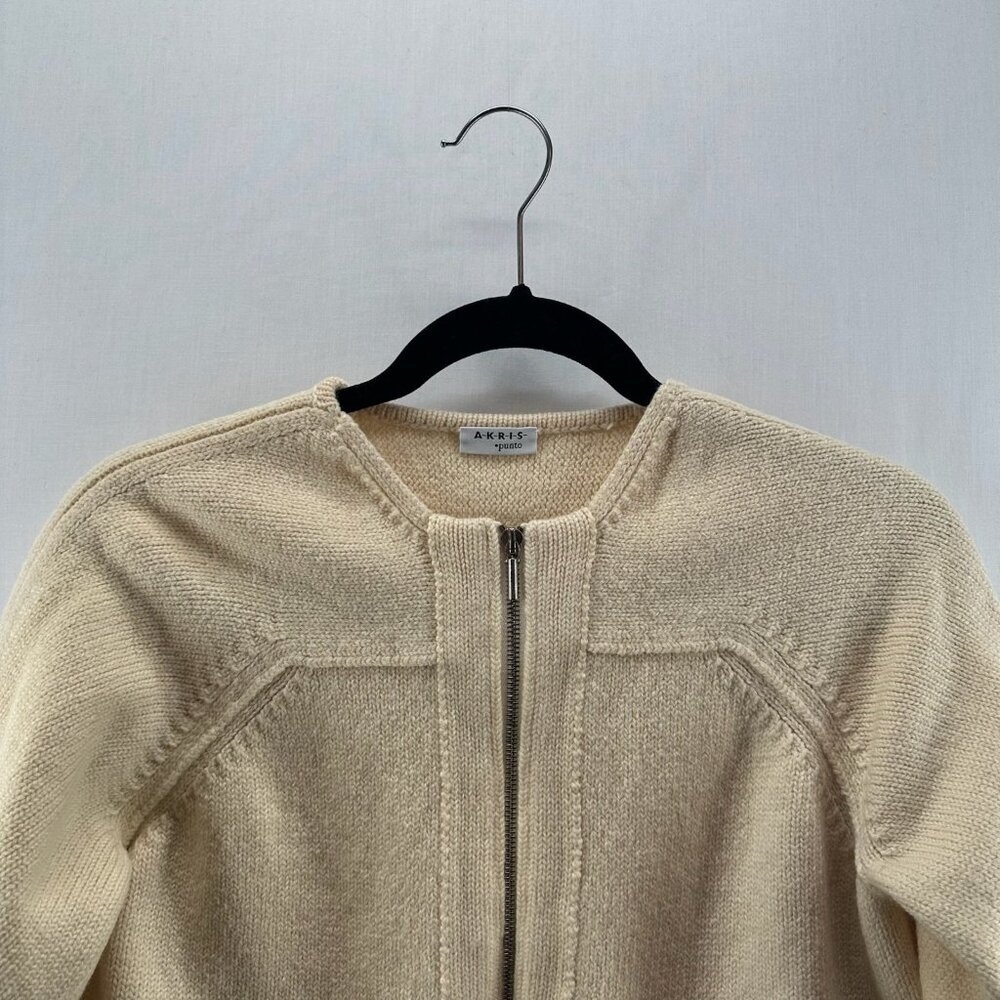 AKRIS Punto Sweater Size 10 Wool Knit Full Zip Cardigan Pockets 3/4 Sleeve Ivory - Picture 4 of 14